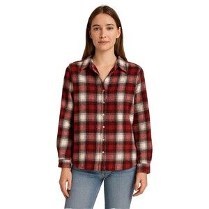 Christopher & Banks Shirt Womens XL Red Plaid Flannel Metallic Boho Chic Snaps